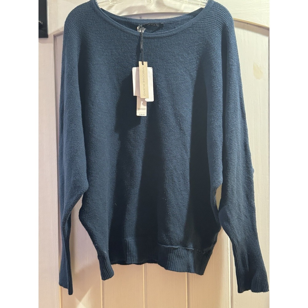 Tahari Sweater-Teal size Medium Vicrose Blend Gray Rain Heather Boat Neck New